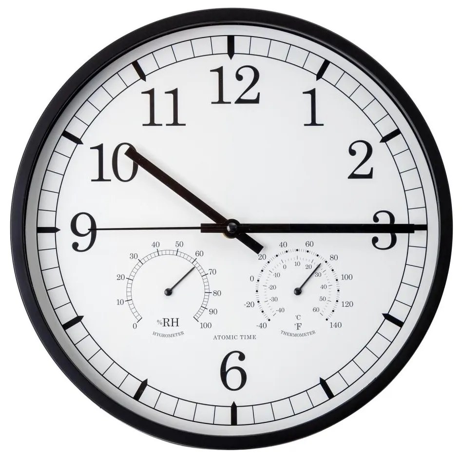 Fali óra hőmérővel és páratartalom-mérővel, 30 cm, 1xAA, fekete/fehér