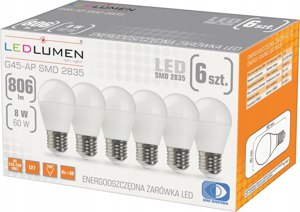 6 db-os Led izzó szett E27 8W=60W 806lm 160° Nem Pislog Prémium Meleg 3000K