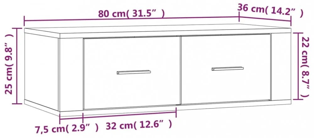 szürke sonoma színű szerelt fa függő TV-szekrény 80x36x25 cm