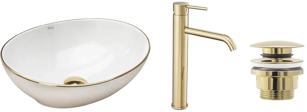 készlet Pultos mosdó Sofia gold edge + Fürdőszobai csaptelep Lungo gold + Dugó gold
