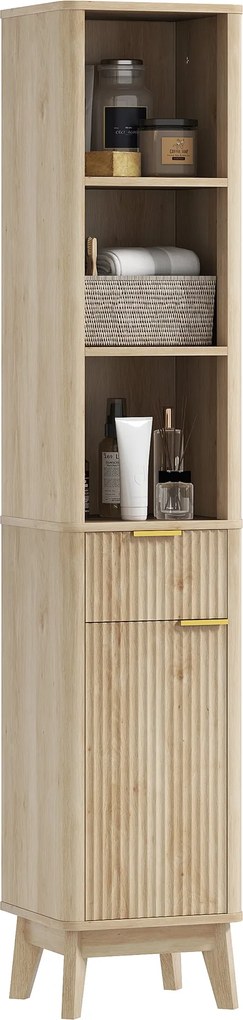 HOMCOM Keskeny Fürdőszoba Szekrény 33x30x170 cm Padi De, 3 Nyitott Rekesszel és Állítható Polcokkal Természetes Fa | Aosom