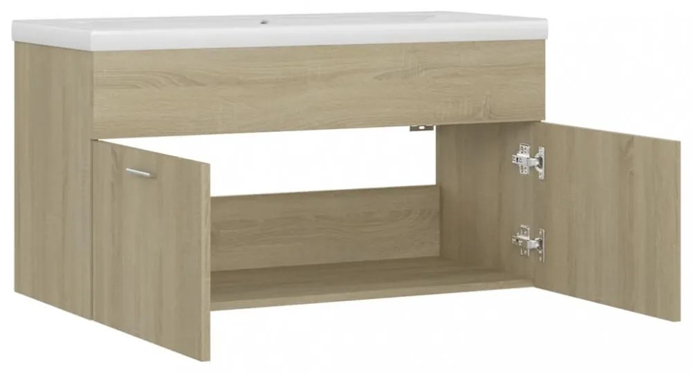 tölgyszínű szerelt fa mosdószekrény beépített mosdókagylóval