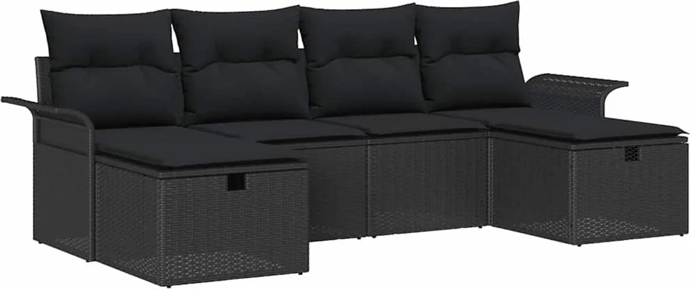 vidaXL Kerti Kanapé Szett párnával tárolóval 6 pcs Fekete polirattan