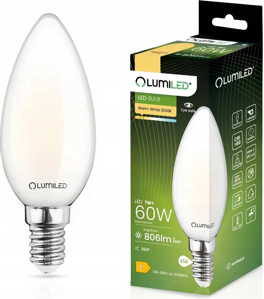 Led izzó E14 Gyertya Filament 7W 60W Tejfehér 3000K Lumiled