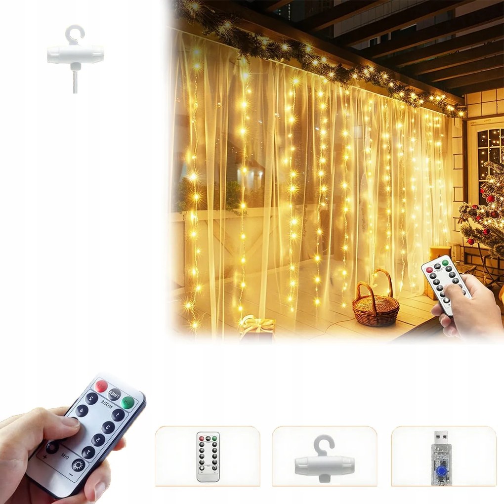 Fényfüggöny Led függöny 3x3 m 300 Led Usb távirányító+ akasztók