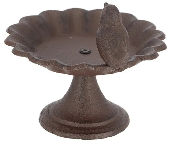 Öntöttvas madáretető és -itató, egy kismadárral