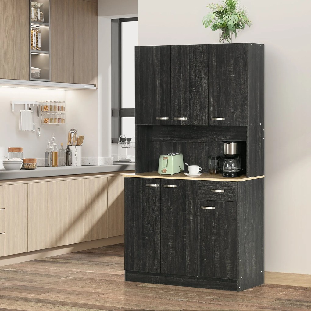 HOMCOM Modern Konyha Buffet Tároló Szekrény 6 Ajtóval 1 Fiókkal + Nagy Asztallap 101L x 39W x 180H cm Fekete Fa | Aosom