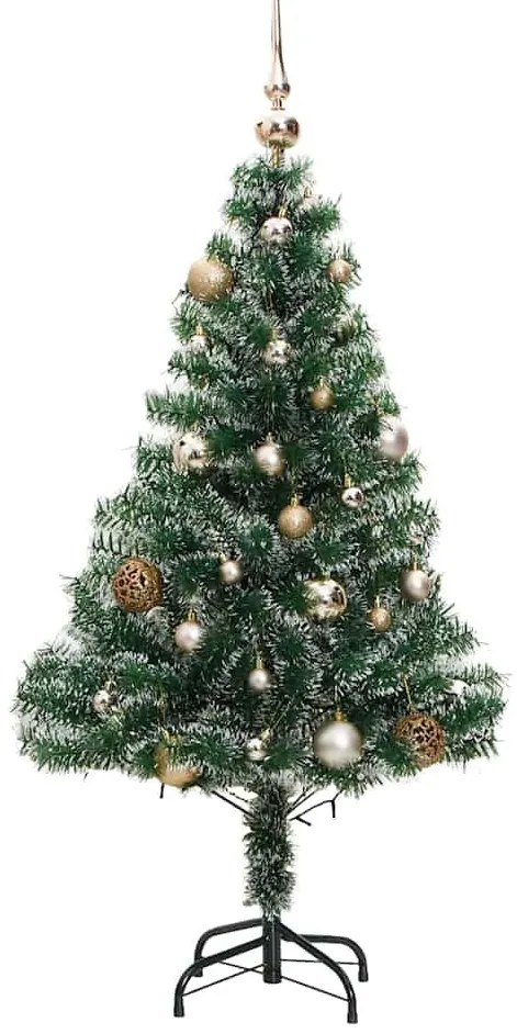 műkarácsonyfa 150 LED-del, gömbszettel és hópehellyel 120 cm