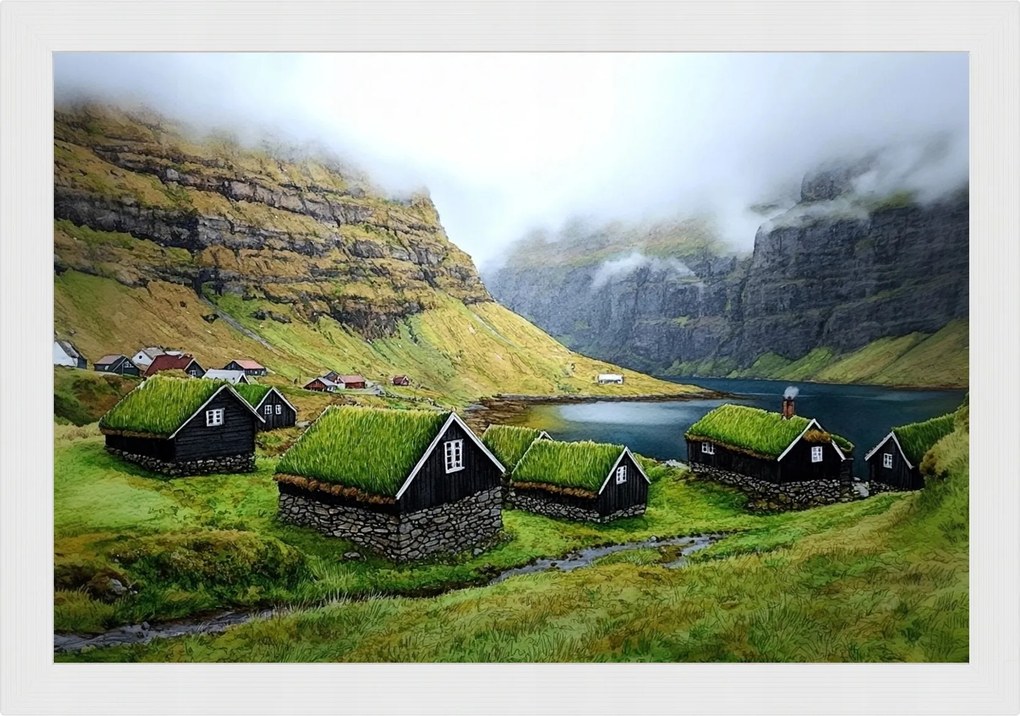Poszter Keret Fa Tájkép Feröer-szigetek Hegyek Sziklák Házak Település 60x40