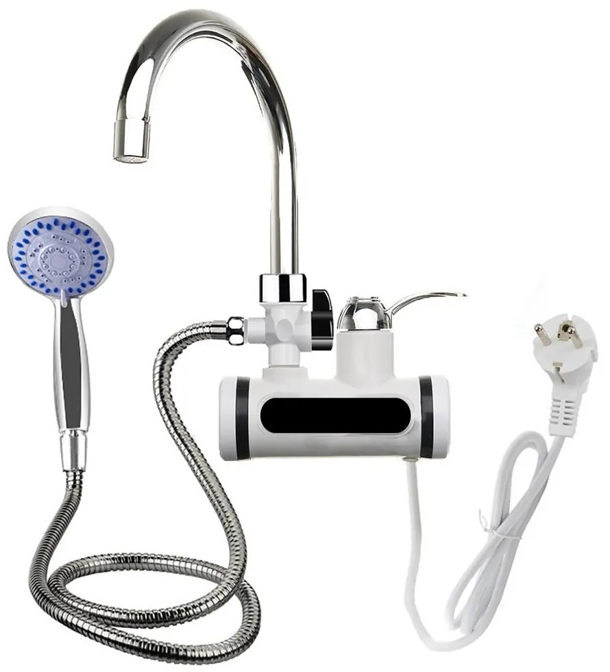 LED kijelzős vízmelegítő csaptelep -fali, vízszintes csatlakozás, tusrózsával