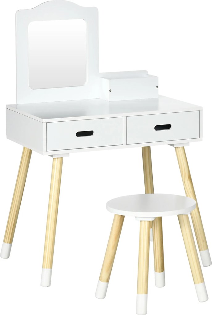 ZONEKIZ Lányok Fodrászasztal Gyermek Fa Fodrászasztal Székkel és Tükörrel Szépségközpont 2 Fiókkal Oktató Játék Lányoknak 3-6 Éveseknek 60x40x95 cm Fe