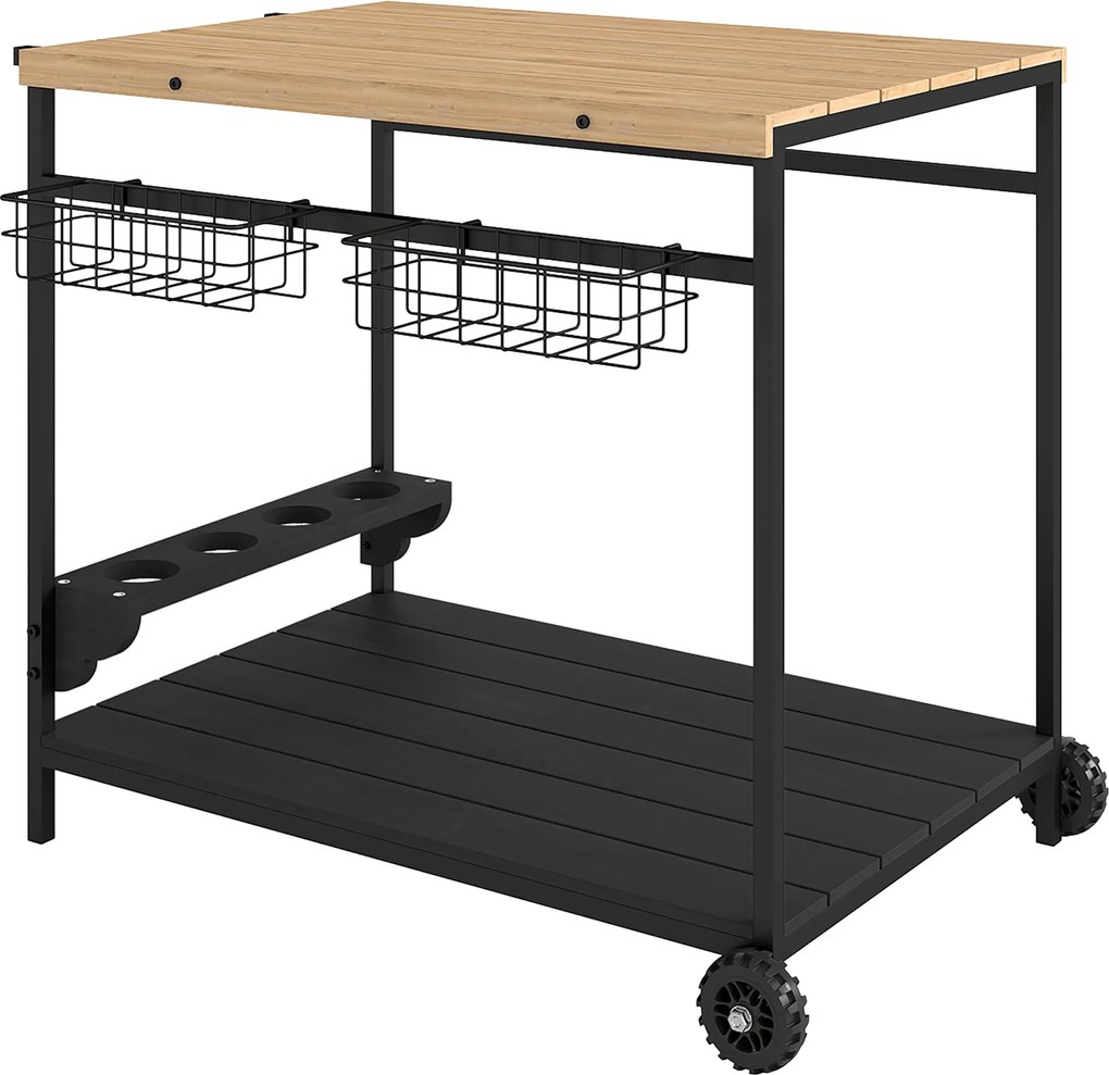 Outsunny Fa Görgős Tálalókocsi 2 Polccal, 2 Fém Kosárral és Boros Üveg Tartókkal Kerthez és Teraszhoz 97,5x65x81 cm Természetes és Fekete | Aosom