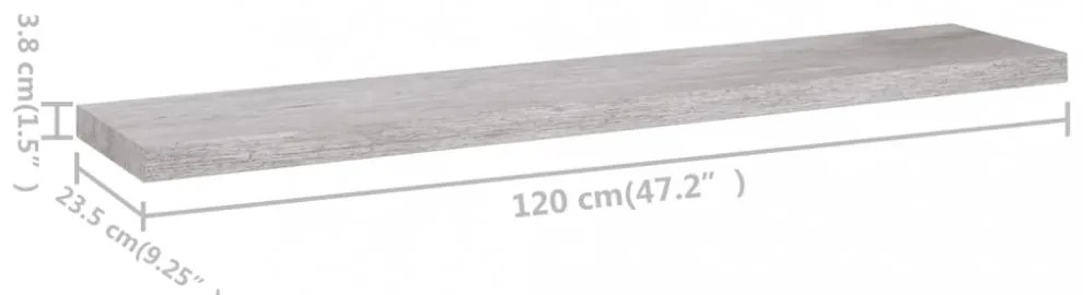 4 db betonszürke MDF lebegő fali polc 120 x 23,5 x 3,8 cm