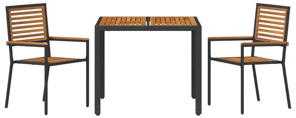 3 darabos Kerti Étkező Szett Fekete Poly Rattan Akácia, Egymásra Rakható Kerti Székek Párnákkal 2 db Fekete Poly Rattan