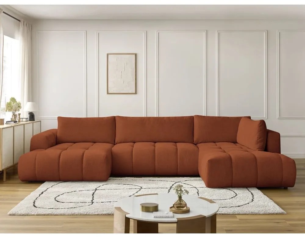 Téglavörös kinyitható-tárolóhelyes sarokkanapé (jobb oldali-U alakú) Fuji – Bobochic Paris