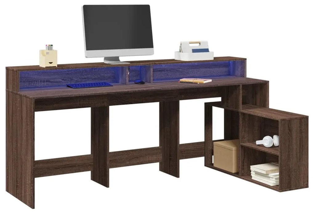 barna tölgy színű szerelt fa íróasztal LED-ekkel 200x104x91 cm