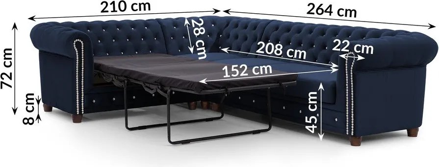 Kék bársony kinyitható sarokkanapé (bal oldali-L alakú) York Blik – Ropez