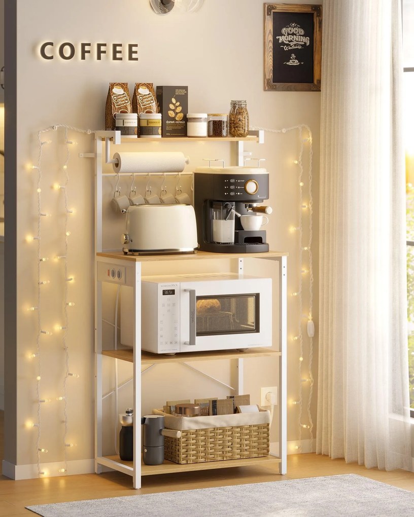 Szabadon álló 4 szintes konyhai polc konnektorokkal, arany tölgy-matt fehér