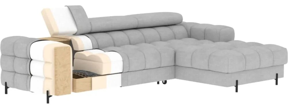 Kék buklé kinyitható-tárolóhelyes sarokkanapé (jobb oldali-heverő résszel) Felro – ELTAP