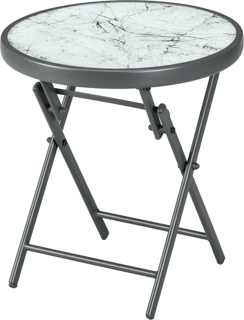Outsunny Összecsukható Oldalsó Asztal, Üveg Összecsukható Asztal Márvány Hatással, Kis Kempingasztal, Kerek Kávézó Asztal Erkély Asztalhoz, 45 x 45 x