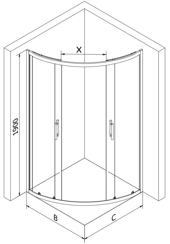 Mexen Rio, negyedkör alakú zuhanykabin tolóajtóval 90 x 90 cm, 5mm átlátszó üveg, fekete profil + fehér zuhanytálca, 863-090-090-70-00-4110B