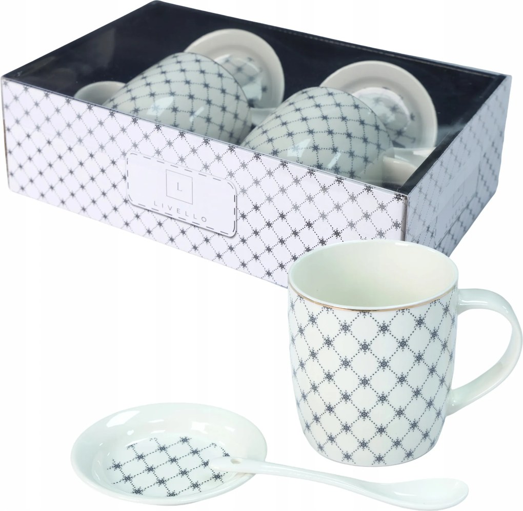 Szett 2x porcelán bögre ajándék 340 ml Livello csészealj kanál zł arany csík