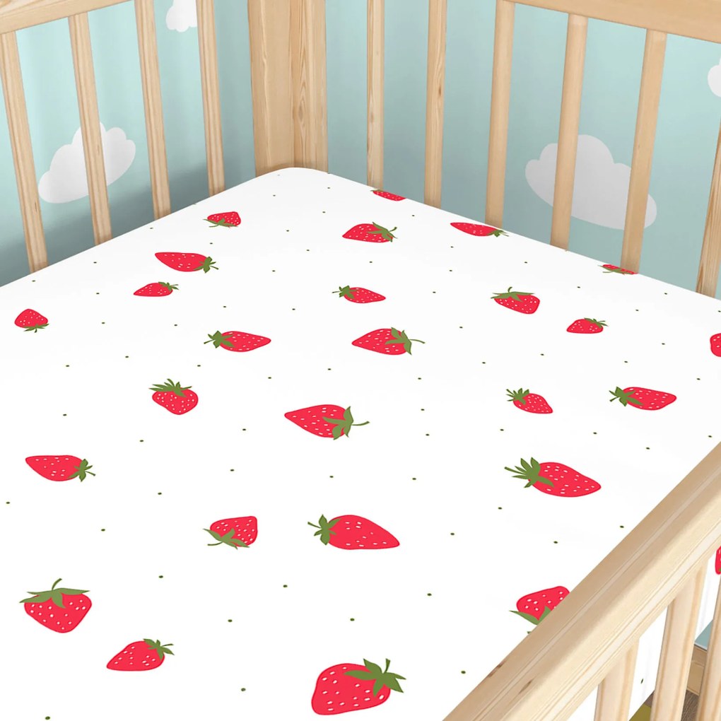 Goldea gyermek gumis pamut lepedő kiságyba - friss szamócák 70 x 140 cm