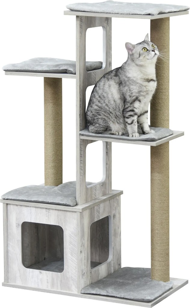 PawHut Többszintű Karcolófás Cat Tree Házikóval és Juta Kötéllel, 67x38.5x114 cm, Szürke | Aosom