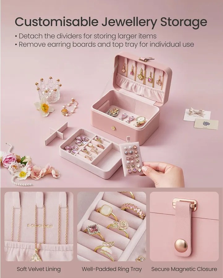 Ékszerdoboz, 2 szintes tároló, 11 x 16 x 8 cm, rózsaszín