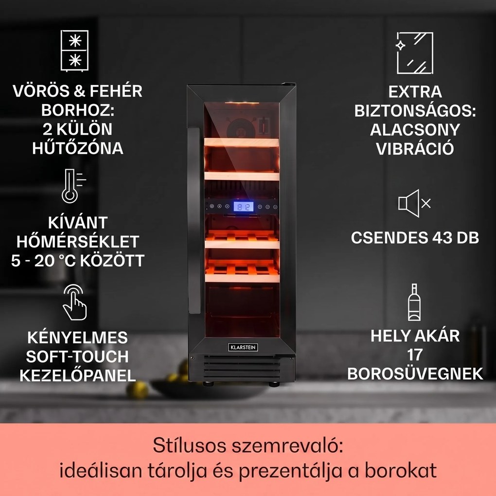 Klarstein Vinovilla 17 Built-in Duo Onyx Edition, kétzónás borhűtő, 53 liter, 17 palack, 3 színű LED világítás, üvegajtó