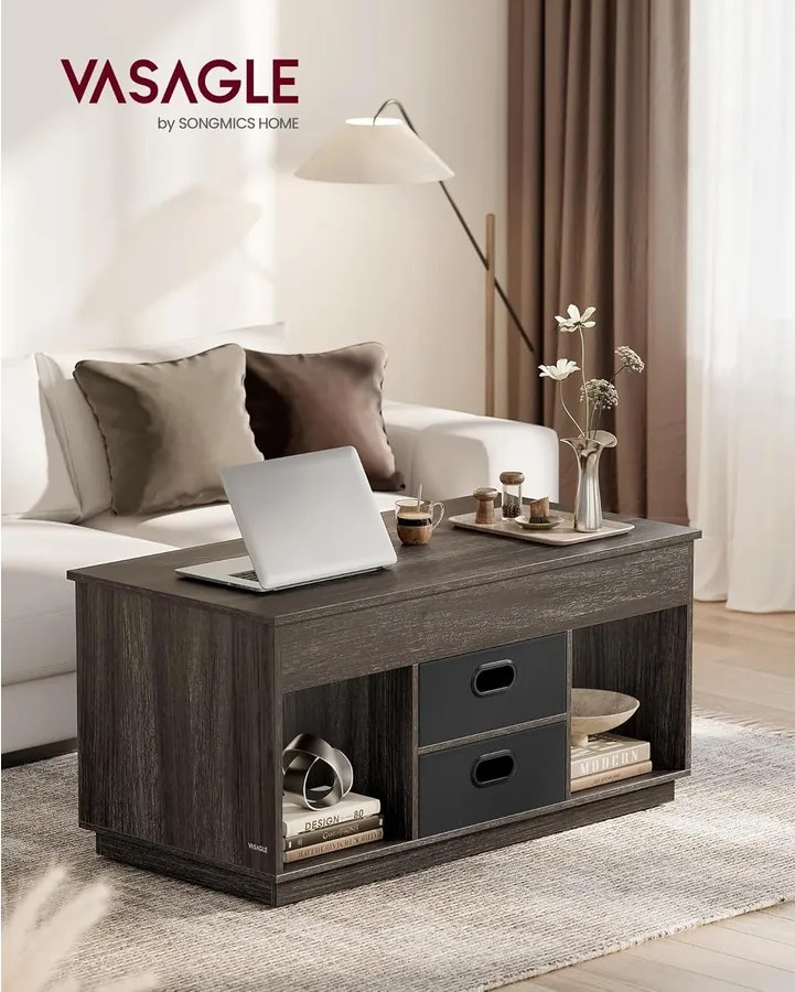 Dohányzóasztal, felemelhető asztallapos dohányzóasztal 2 fiókkal és rejtett rekesszel, hamvasbarna