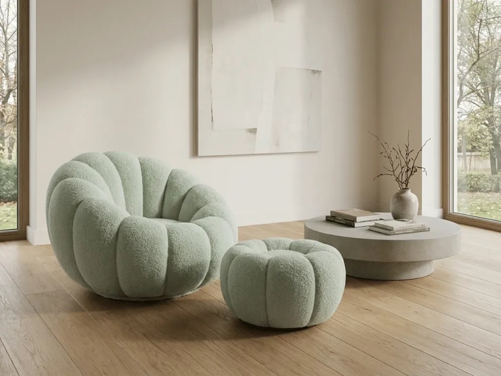 Forgatható design karosszék BLOOM lábtartóval, világoszöld