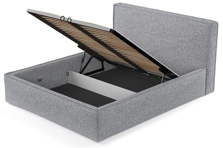 Szürke kárpitozott ágyneműtartós franciaágy ágyráccsal 160x200 cm Lounge L – Maison de Rêve