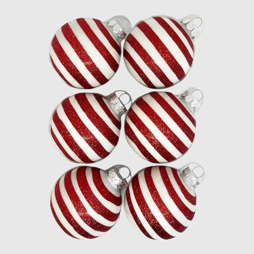Red Glitter Stripe kézzel festett fehér-piros üveg karácsonyi gömb szett 6*7cm