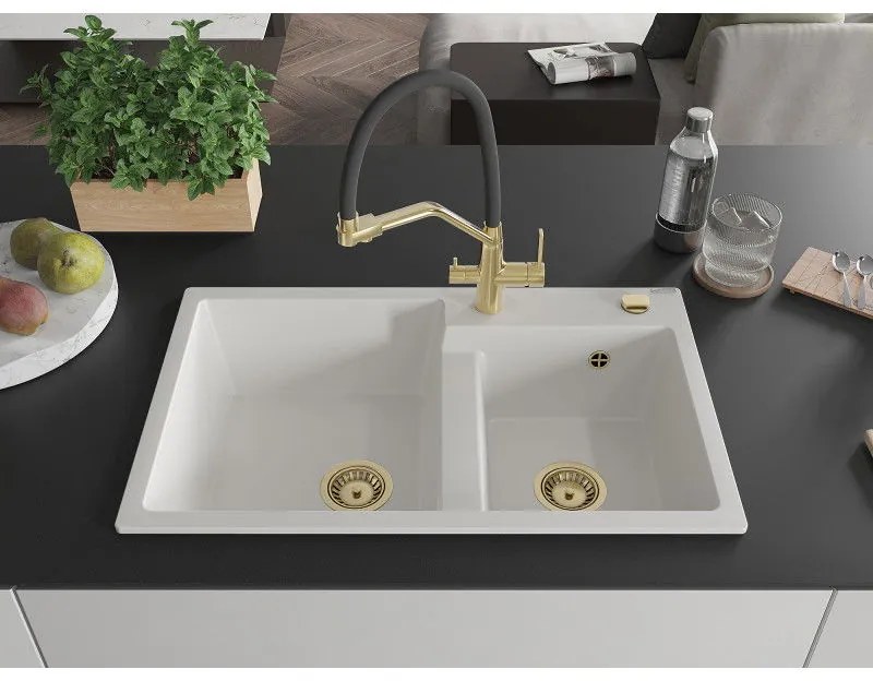 Mexen Tomas, 2 kamrás gránit mosogató 800x500x190 mm és konyhai csaptelep Duo, fehér, 6516-20-671701-57-G