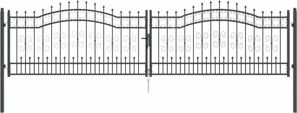 vidaXL Kerítéskapu Lándzsa Tetejével zárral Szürke 404 x 100 cm Acél
