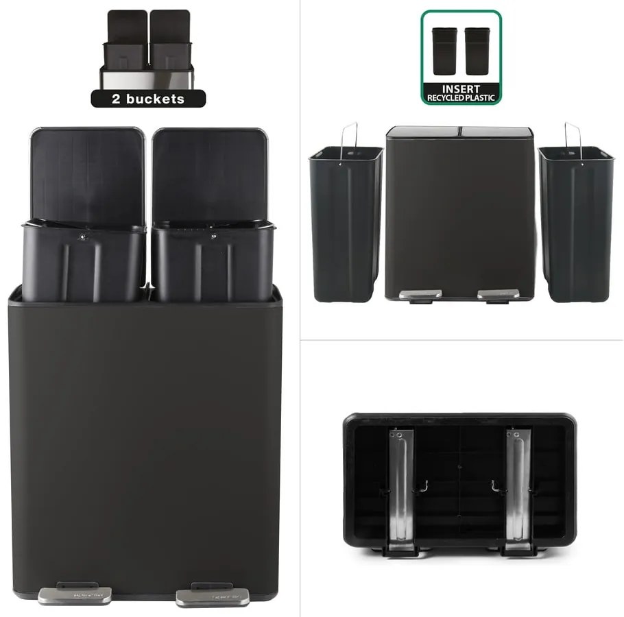 Matt fekete acél szelektív pedálos szemetes 2x20 l Aliya – Spirella