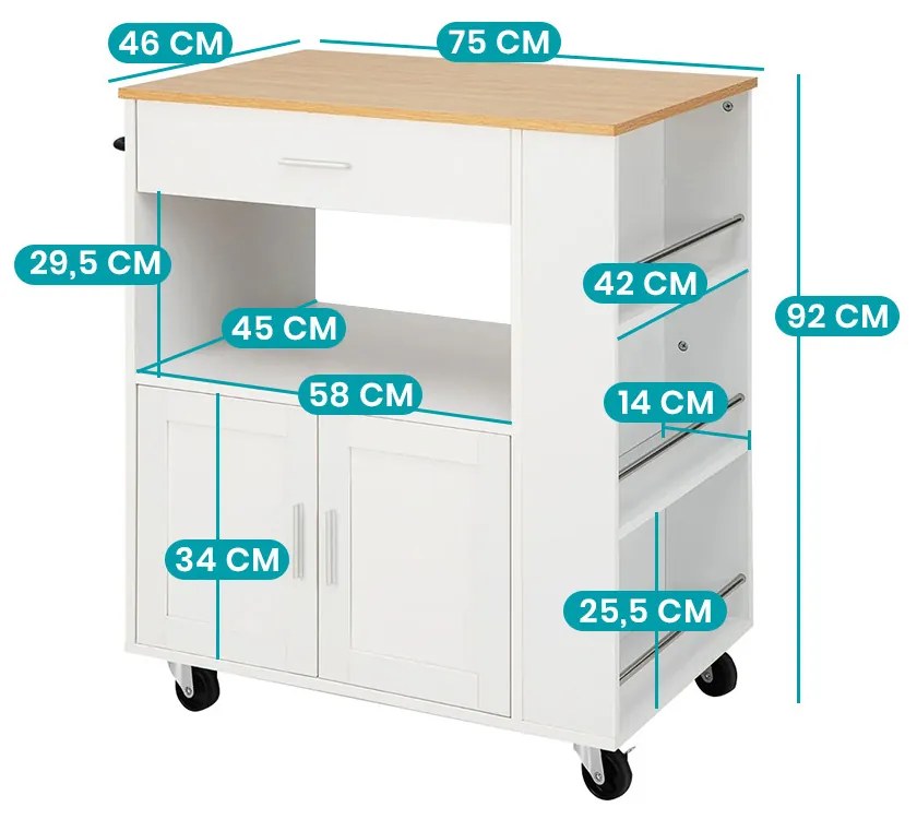 Gurulós tálalókocsi oldalán 3 fűszertartóval
