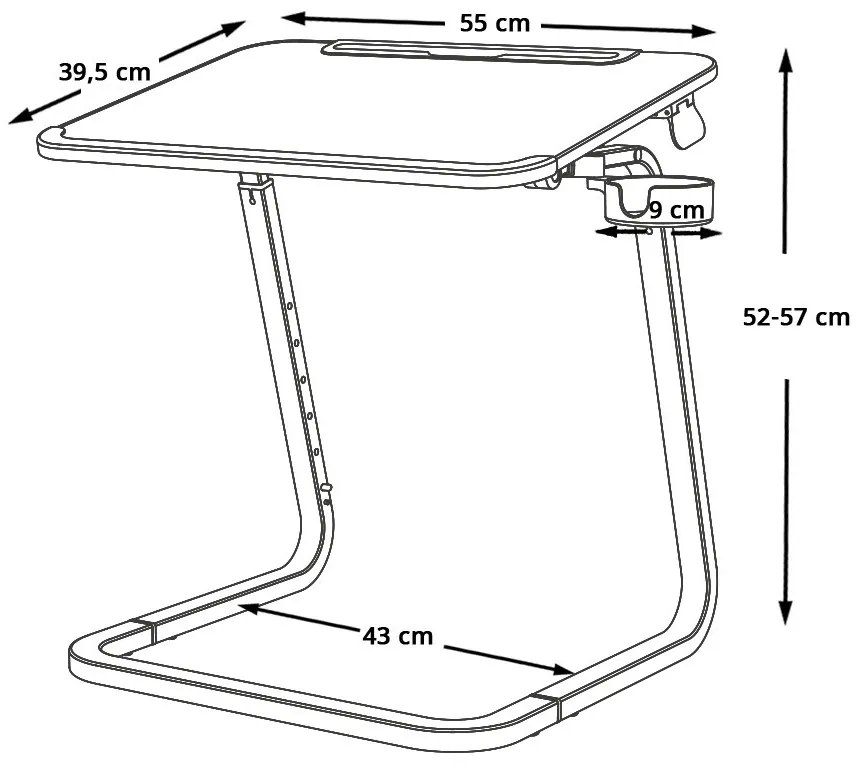 Állítható magasságú reggelizőasztal tablettartóval, fekete