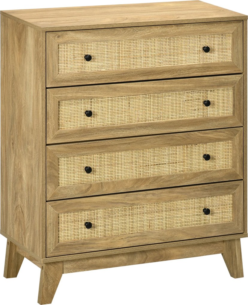 HOMCOM 4-fiókos Keskeny Komód Rattan Előlapokkal és Magas Lábakkal - Hálószobai Komód Nappaliba és Irodába 80x35x95 cm Természetes | Aosom