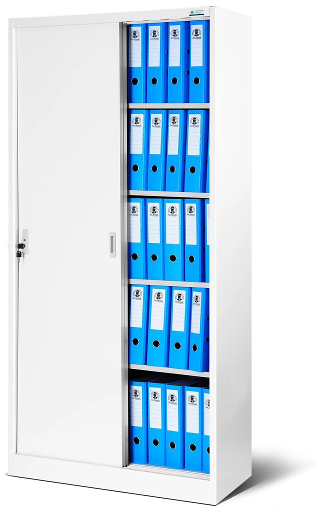 Fém iratszekrény polcokkal tolóajtókkal KUBA, 900 x 1850 x 400 mm, fehér