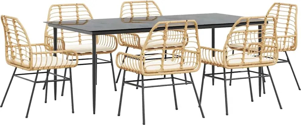 vidaXL 7 észes barna polyrattan üveg kerti étkezőgarnitúra párnával