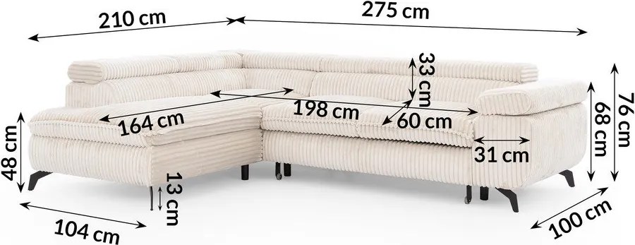 Krémszínű kordbársony sarokkanapé (bal oldali-L alakú) Marbeya – Ropez