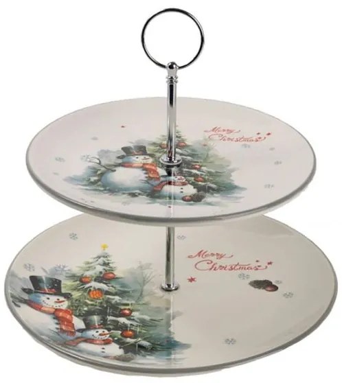 Hóemberes karácsonyi kerámia emeletes süteményestál kínáló