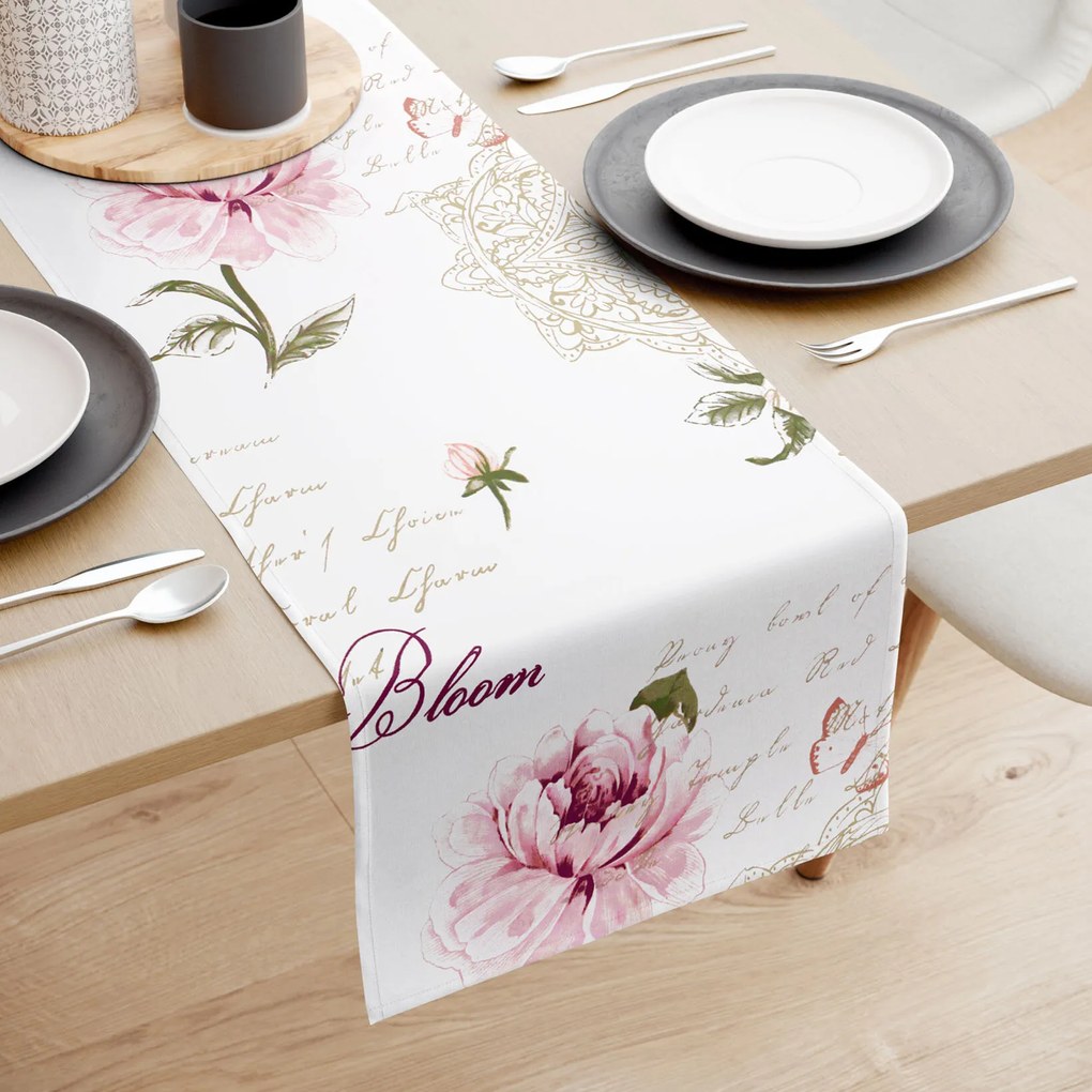 Goldea pamut asztali futó - pünkösdirózsa mintás 50x120 cm