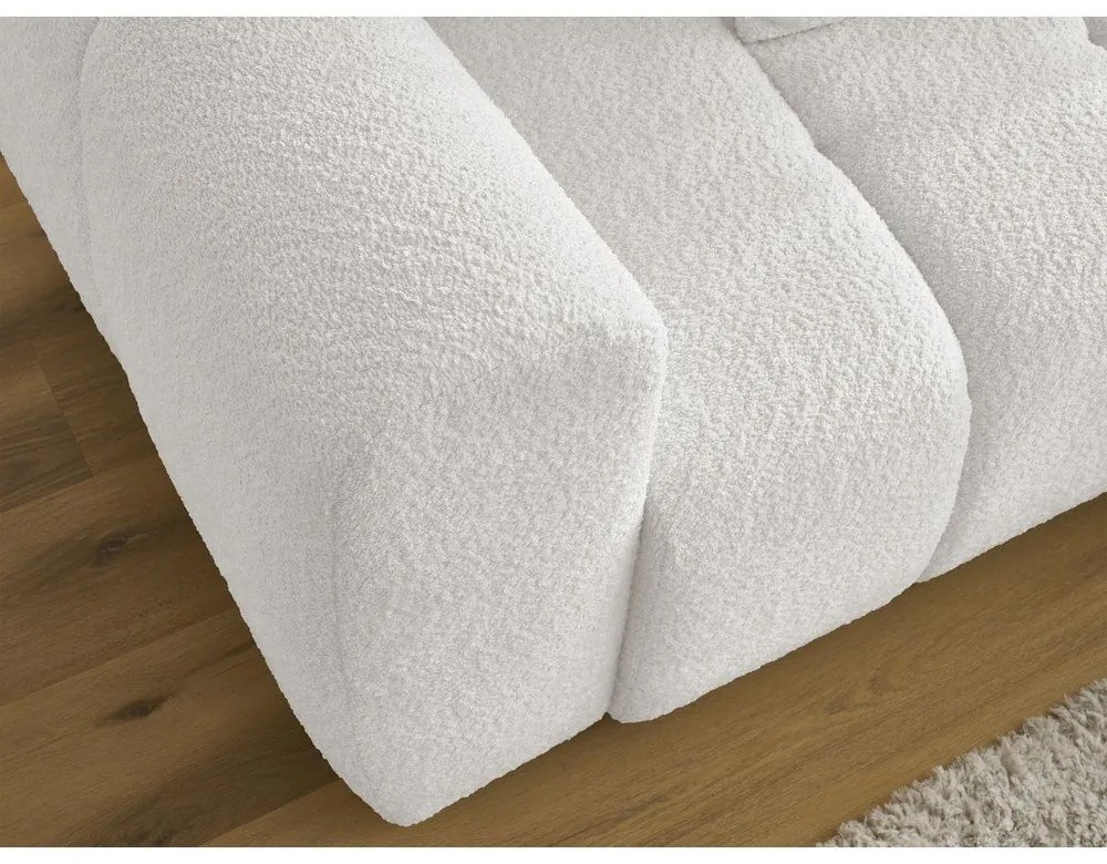 Fehér buklé kinyitható-tárolóhelyes sarokkanapé (jobb oldali-heverő résszel) Roxelane – Bobochic Paris