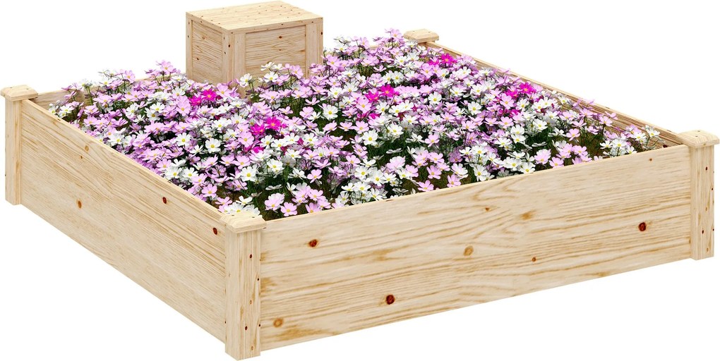 Outsunny Fából készült Virágláda, kültéri négyzet alakú emelt virágágy ásott komposztálóval, nyitott aljzattal, zöldség- és virágágyás a kert teraszon