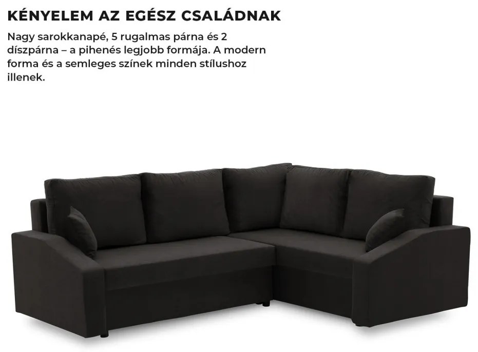 Grande Plus sarokkanapé, jobboldali, szövet anyag, fekete