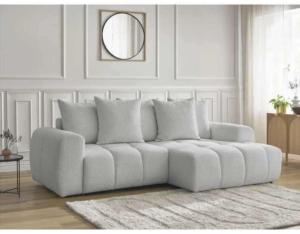 Világosszürke buklé kinyitható-tárolóhelyes sarokkanapé (jobb oldali-heverő résszel) Roxelane – Bobochic Paris