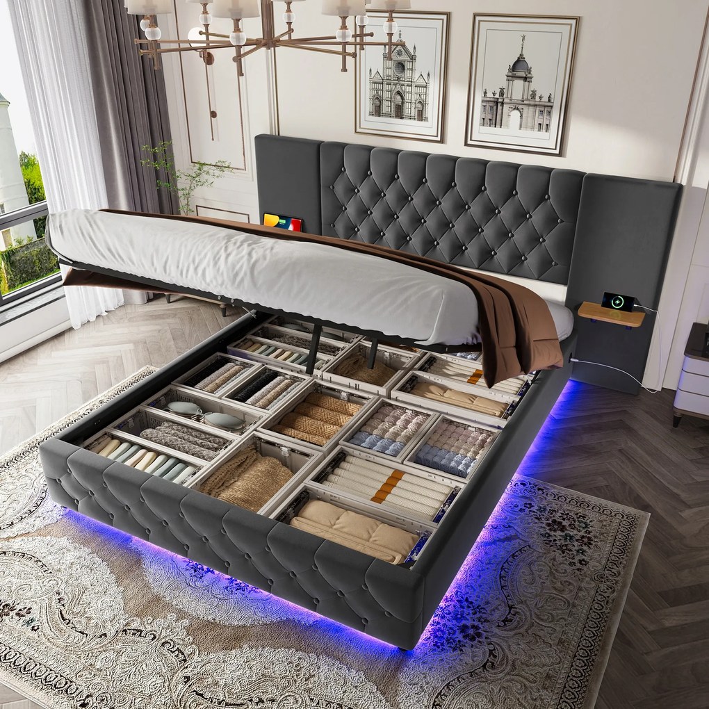 Franciaágy Kárpitozott ágy 160x200cm Led Usb Hidraulikus szürke